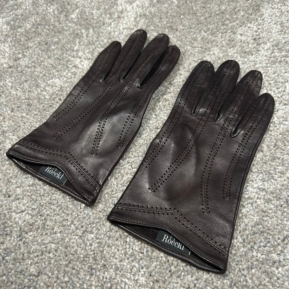 Roeckl Womens Dark‎ Brown Leather Gloves Perforated Pointelle Size Small